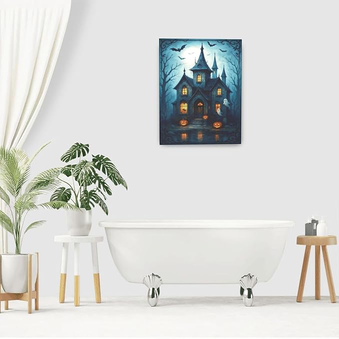 Halloween Gothic Wall Art Castle Pumpkin Ghost Bat Canvas Wall Decor Dark Academia Pictures Painting Print Framed Artwork Decorations Gifts for Halloween Living Room Bedroom Office 16"x20"