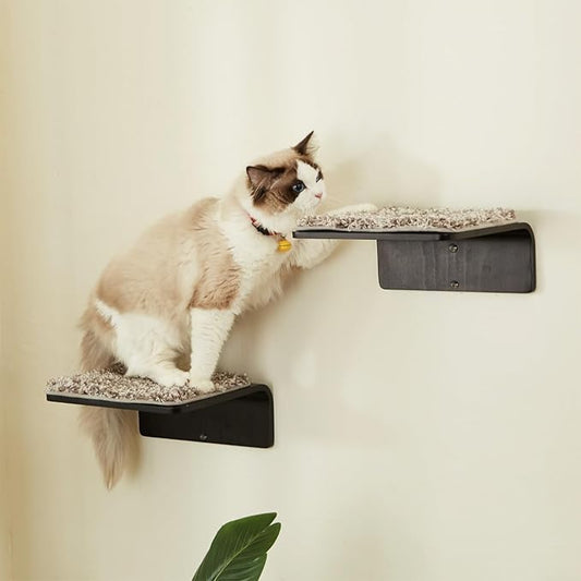 2 Set Cat Wall Steps - Wooden Cat Climbing Shelf for Wall - Cats Wall Stairs with Scratching Mat - Wall Mounted Cats Furniture for Jumping, Playing, and Lounging, Walnut