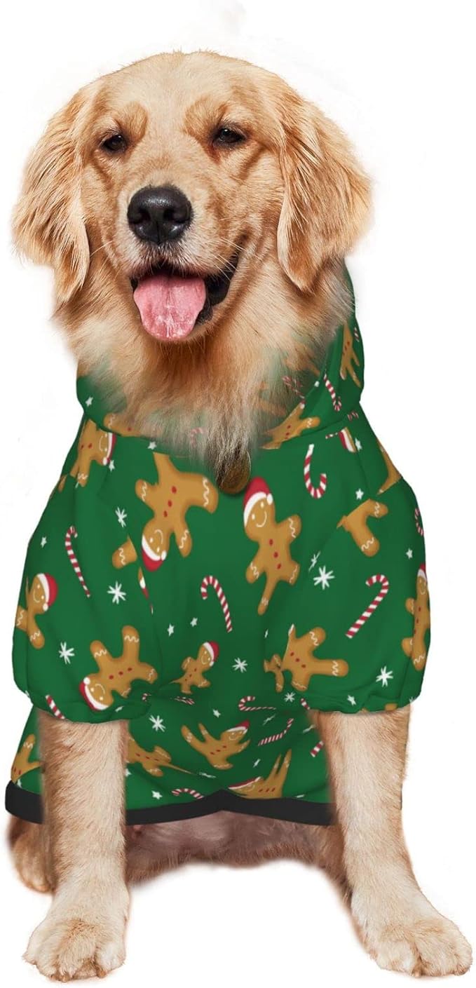 Green Christmas Gingerbread Men Candies Hoodie,Christmas Cosplay Dog Clothes with Pocket and Hat Winter Clothes Sweaters Xx-Large