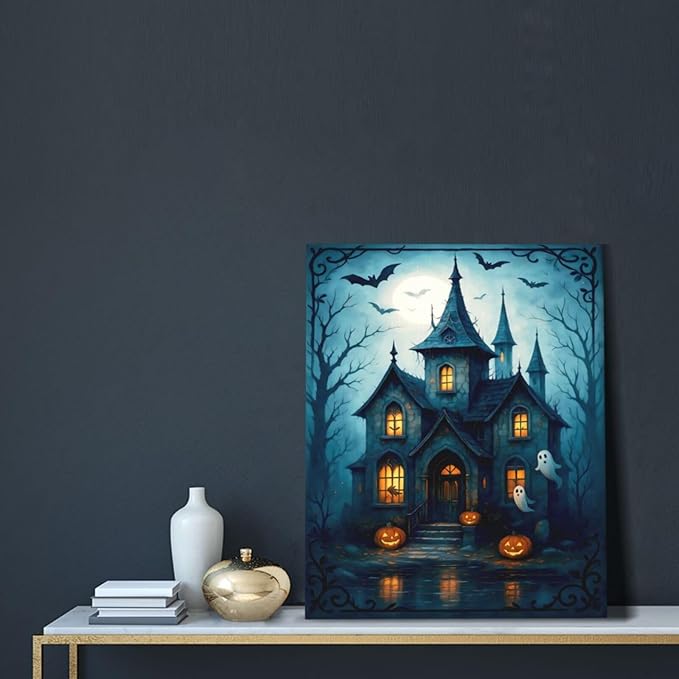 Halloween Gothic Wall Art Castle Pumpkin Ghost Bat Canvas Wall Decor Dark Academia Pictures Painting Print Framed Artwork Decorations Gifts for Halloween Living Room Bedroom Office 16"x20"