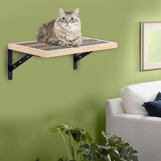 Handcrafted Wood Cat Perch & Shelves - Floating Shelf with Cat Hammock Seat, Lounge Bed, Climbing Steps for Relaxing, Playing and Scratching