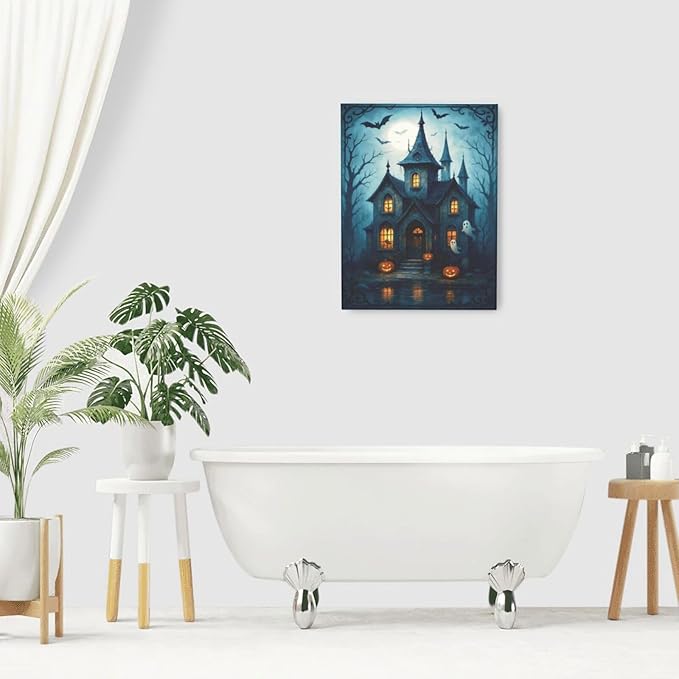 Halloween Gothic Wall Art Castle Pumpkin Ghost Bat Canvas Wall Decor Dark Academia Pictures Painting Print Framed Artwork Decorations Gifts for Halloween Living Room Bedroom Office 12"x16"