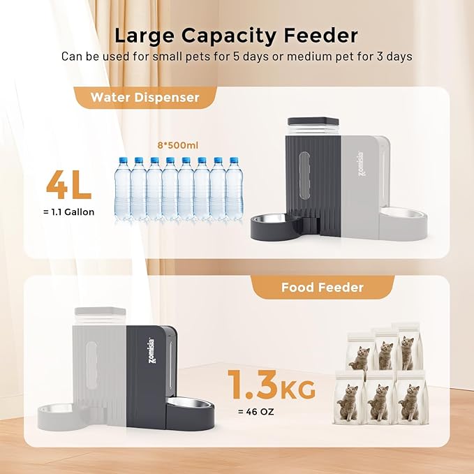 Gravity Cat Feeder and Water Dispenser with 304 Stainless Steel Bowls, 2 in 1 Automatic Cat Feeder with 180 Degree Rotatable Water Bowl, Large Capacity for Puppy Kitten Rabbits, Blue