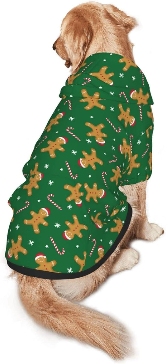 Green Christmas Gingerbread Men Candies Hoodie,Christmas Cosplay Dog Clothes with Pocket and Hat Winter Clothes Sweaters Xx-Large