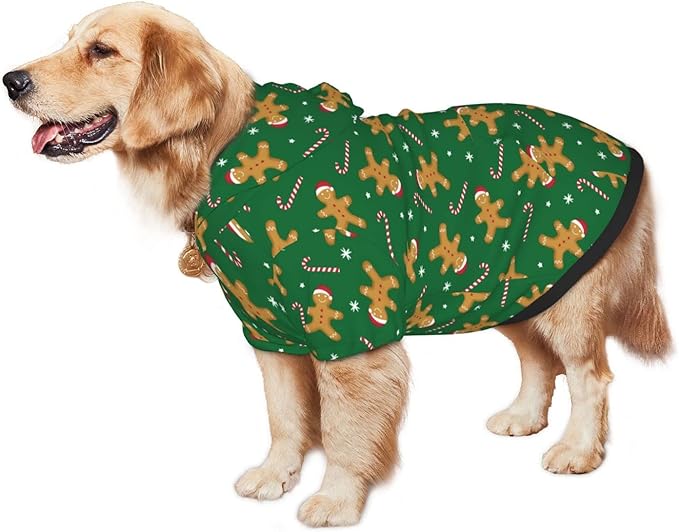 Green Christmas Gingerbread Men Candies Hoodie,Christmas Cosplay Dog Clothes with Pocket and Hat Winter Clothes Sweaters Small