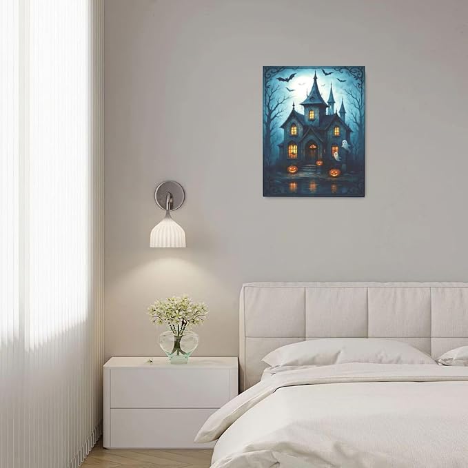 Halloween Gothic Wall Art Castle Pumpkin Ghost Bat Canvas Wall Decor Dark Academia Pictures Painting Print Framed Artwork Decorations Gifts for Halloween Living Room Bedroom Office 16"x20"