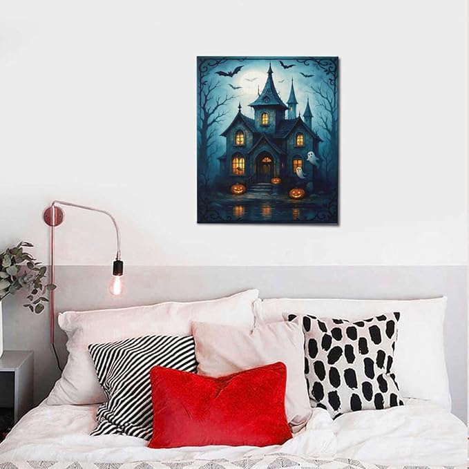 Halloween Gothic Wall Art Castle Pumpkin Ghost Bat Canvas Wall Decor Dark Academia Pictures Painting Print Framed Artwork Decorations Gifts for Halloween Living Room Bedroom Office 20"x24"