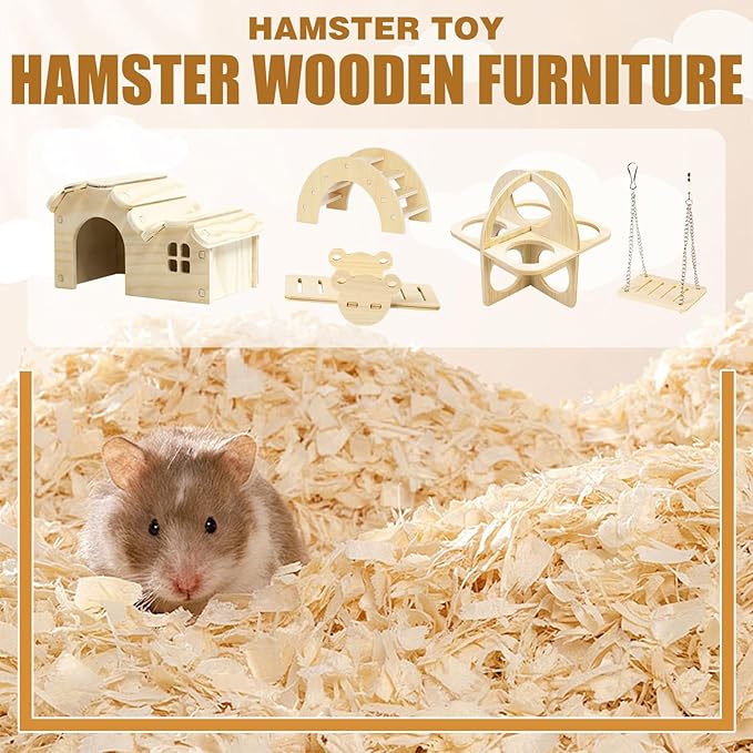 Hamster Toys 5-Piece Set,Hamster House, Swing, Climbing Ladder, Seesaw & Exercise Wheel,Pet DIY Sport Exercise Toys Set, Small Animal Habitat Accessories,Gerbils, Mice(Natural Wood A)