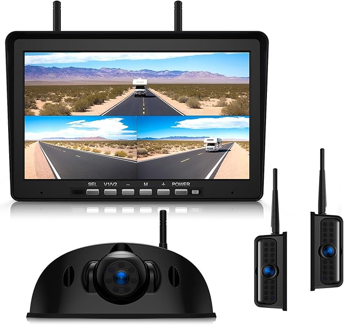 10.1" RV Backup Camera Wireless System Plug and Play, Pre-Wired for Furrion RV Trailer Camper Motorhome, HD 1080P Split-Screen DVR Monitor with 1 Rear View & 2 Side View Cameras, BY503
