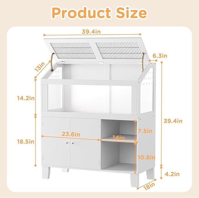 Hamster Cage, Large Hamster Cage with Storage Cabinet, Large Habitat with Easy View Acrylic Panels, Wooden Small Animal Cages for Guinea Pigs, Rabbits, Gerbils, Hedgehogs, White