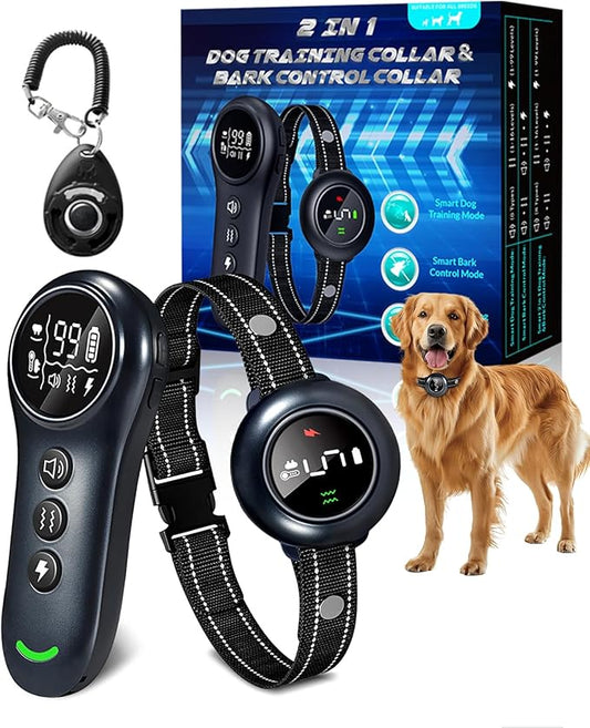 2-in-1 Dog Training Collar & Anti-Barking Dog Bark Collar – 3300FT Remote Control, IP67 Waterproof E-Collar with 5 Sensitivity Levels, Security Lock, for Dogs 10–150 lbs