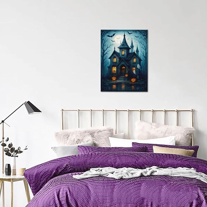 Halloween Gothic Wall Art Castle Pumpkin Ghost Bat Canvas Wall Decor Dark Academia Pictures Painting Print Framed Artwork Decorations Gifts for Halloween Living Room Bedroom Office 12"x16"