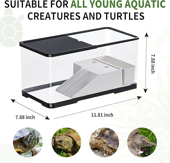 (Tank + Light + Filter Balls) Turtle Tank Kit, Turtle Tank Starter Kit,Bottom Drainage, Multi-Function Areas for Turtles, Crabs,Fishes, Amphibians,Reptiles.(11.81 × 7.88 × 7.88 Inch)