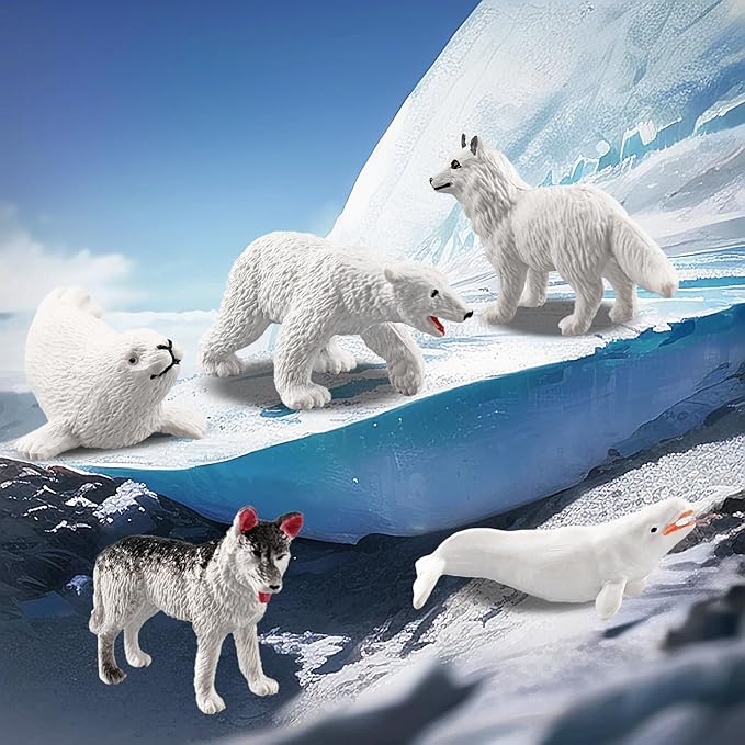 10 PCS Arctic Animals Figures, Polar Animals Figurines for Diorama School Project, Arctic Tundra Animal Toys Set with Polar Bear Deer Arcitc Fox Wolf