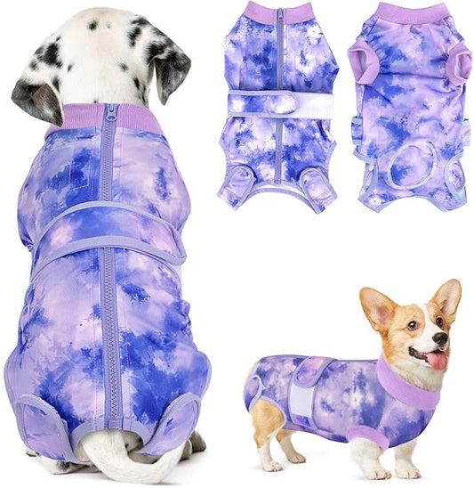 Lukovee Recovery Suit for Dogs, Zipper-On Onesie for Female Male Dog, Abdominal Wounds Cone E-Collar Alternative, Prevent Licking Spay (3XL, Purple Tie-dye)