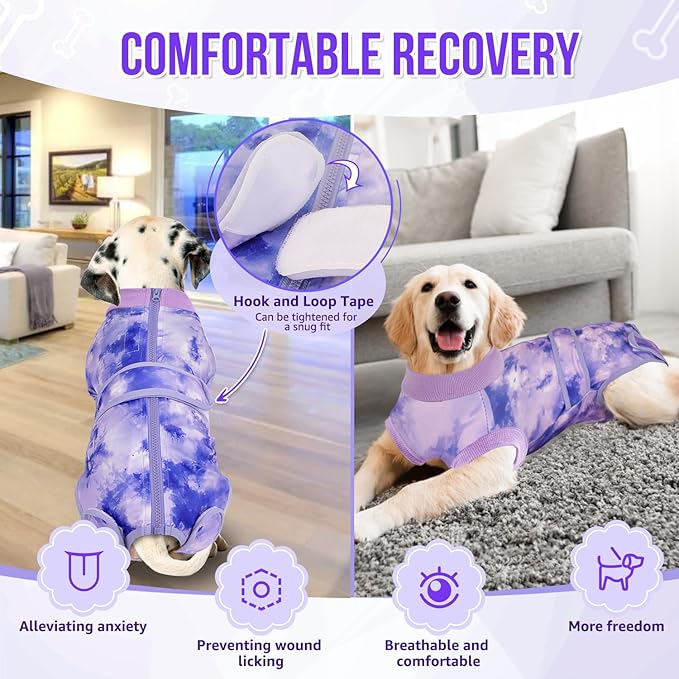 Lukovee Recovery Suit for Dogs, Zipper-On Onesie for Female Male Dog, Abdominal Wounds Cone E-Collar Alternative, Prevent Licking Spay (3XL, Purple Tie-dye)