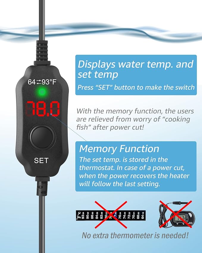 200W Adjustable Aquarium Heater Super Short Submersible Fish Tank Heater Fish Heater with LED Digital Display Thermostat, for Tanks 20-40 Gallons