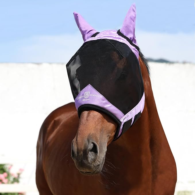 Harrison Howard Pro Luminous Horse Half Face Fly Mask Large Eye Space with Ears UV Protection for Horse Gentle Lavendar M