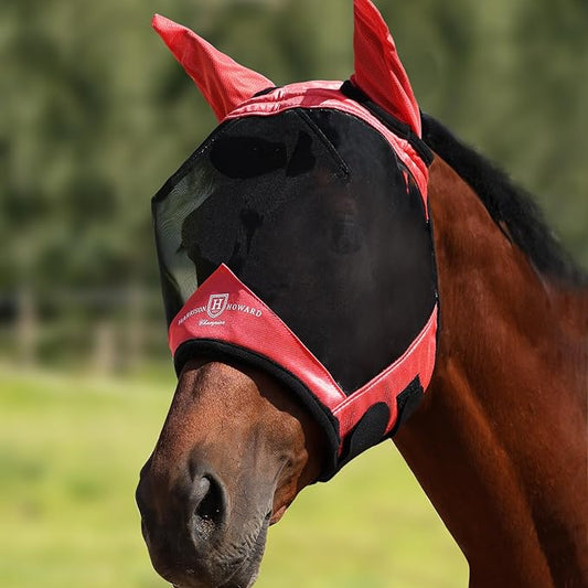 Harrison Howard Pro Luminous Horse Half Face Fly Mask Large Eye Space with Ears UV Protection for Horse Coral Orange XL