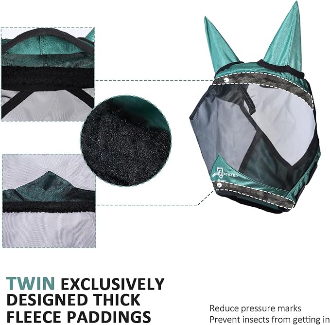 Harrison Howard Pro Luminous Horse Half Face Fly Mask Large Eye Space with Ears UV Protection for Horse Hunter Green L