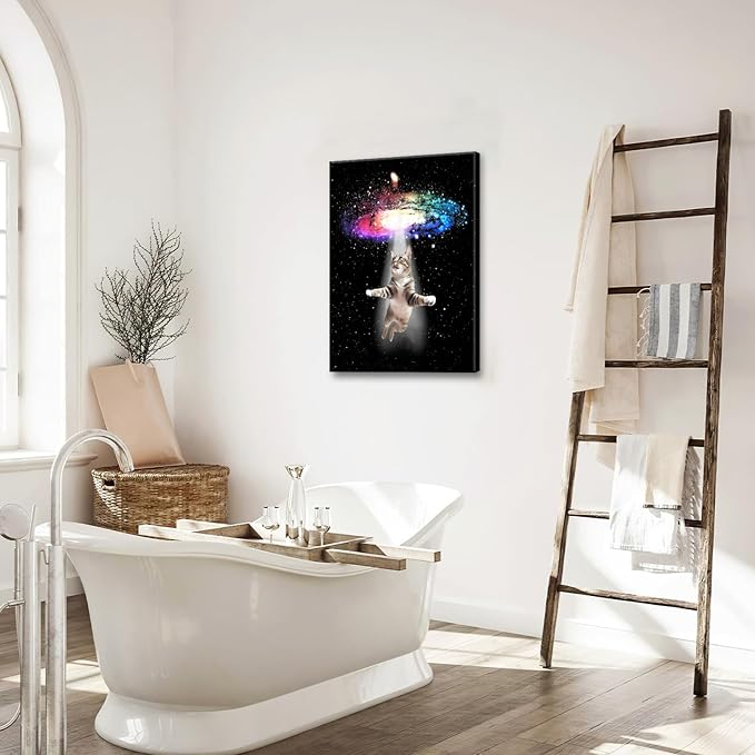 Funny Cat Wall Art Canvas Galaxy Wall Decor Prints Framed Painting Animal Pictures Gifts Artwork for Bathroom Living Dining Kitchen 16"x24"