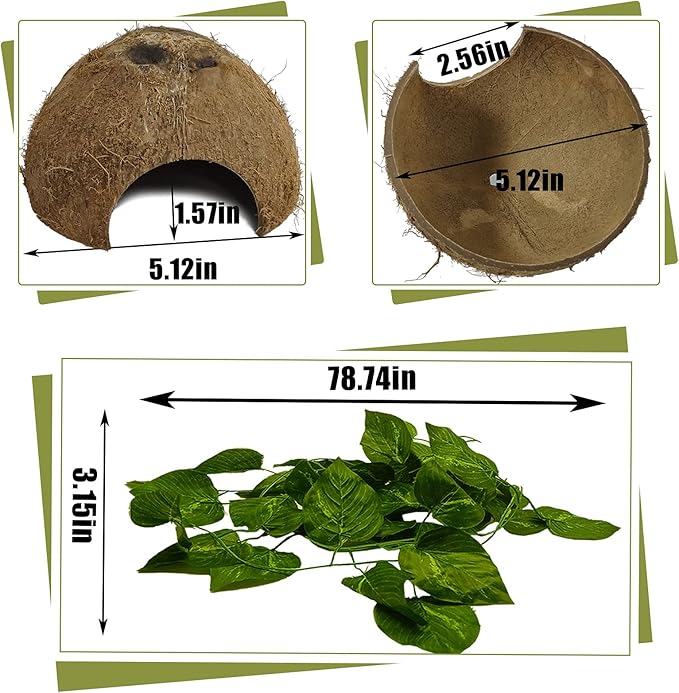 Hamiledyi Reptile Hideouts Natural Coconut Shells Hut Hermit Crab Climbing Toys Gecko Hide Cave Lizard Habitat Decor Plant Leaves Decoration for Spider Snake Chameleon (4Pcs)