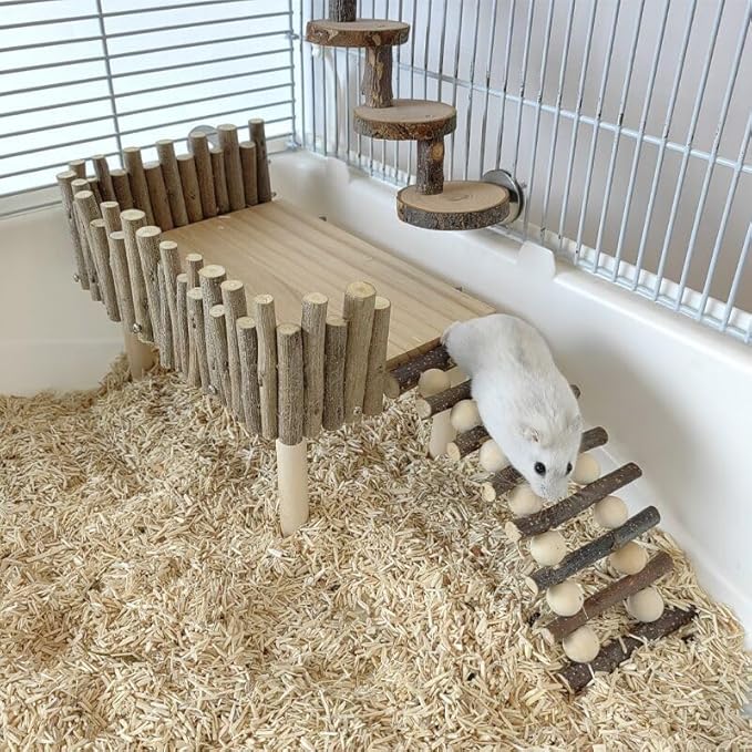 Hamster Cage Platform, Decorative Wooden Small Pet Activity Playground with Ladder, Hamster Wooden Platform for Squirrel Guinea Pig Golden Bear Sugar Glider