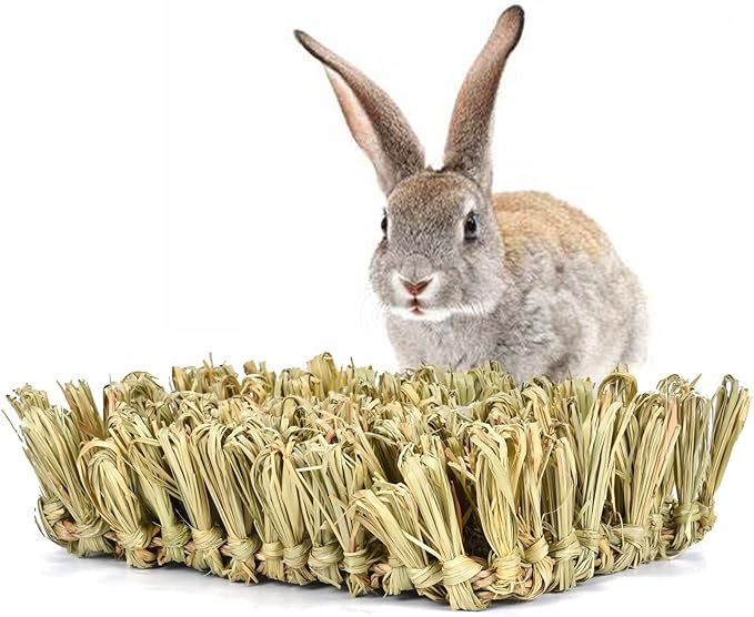 Hamiledyi Rabbit Grass Bed Bunny Natural Straw Woven Mat Guinea Pig Hay Mat Chew Mat for Rabbit Guinea Pig Chinchilla Squirrel Hedgehog(10.6x7.5x3.5inches)