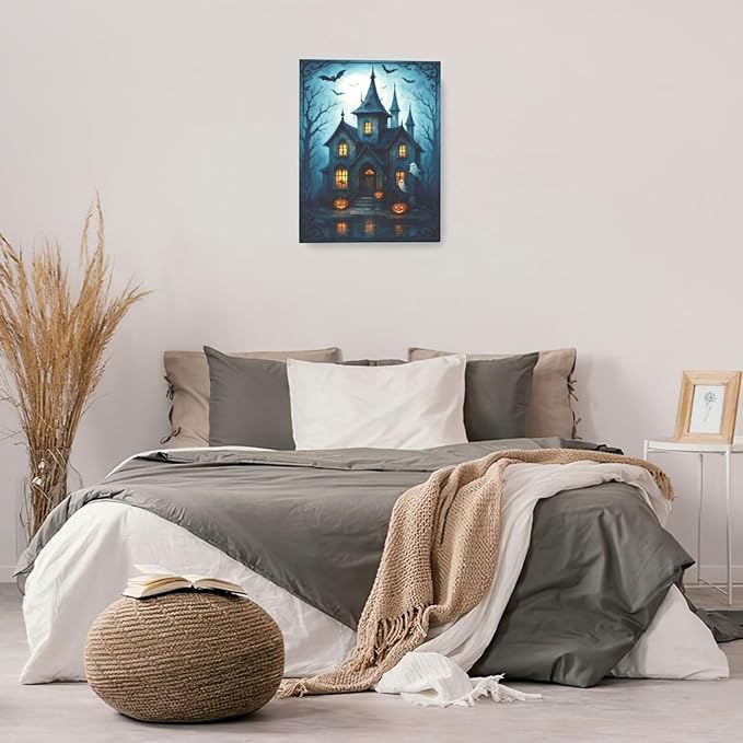 Halloween Gothic Wall Art Castle Pumpkin Ghost Bat Canvas Wall Decor Dark Academia Pictures Painting Print Framed Artwork Decorations Gifts for Halloween Living Room Bedroom Office 16"x20"