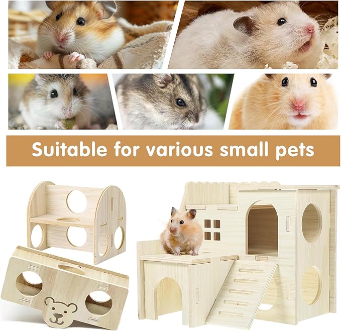 Hamster Toys 5-Piece Set ，Hamster House, Swing, Climbing Ladder, Seesaw & Exercise Wheel，Pet DIY Sport Exercise Toys Set, Small Animal Habitat Accessories ，Gerbils, Mice（Natural Wood）