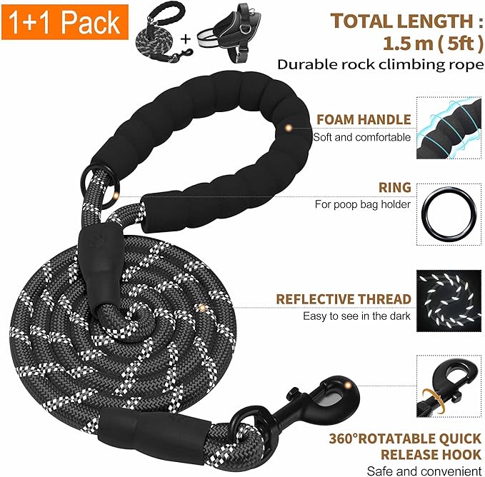 Haapaw Essential Dog Harness, No Pull Pet Vest with 3 Leash Clips, No Choke, Reflective, Adjustable and Padded, for Easy Walking and Training for Large Dogs(L, Black)