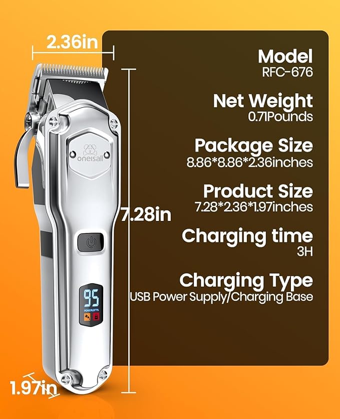oneisall Dog Clippers for Grooming for Thick Heavy Coats/Low Noise Rechargeable Cordless Pet Shaver with Stainless Steel Blade/Waterproof Dog Shaver for Dogs Pets and Animals (Sliver)