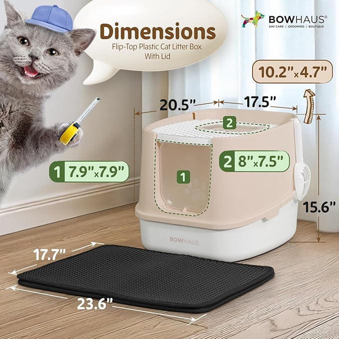 Fully Enclosed Cat Litter Box w/Lid, Scoop, Litter Mat & Odor Fitter, Large Plastic Cat Toilet with Double Door, Anti-Splashing Gato Litter Box with Lockable Front Door, Beige/Pink