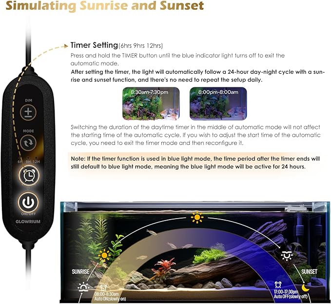 GLOWRIUM Aquarium Light, LED Full Spectrum Freshwater Fish Tank, infinitely dimmable, Fish Tank Light with auto-on/Off Timer (12-17 in)
