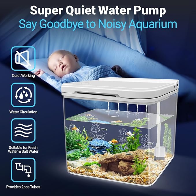 0.8 Gallon Small Fish Tank Kit, Aquarium Starter Kit with Super-Quiet Water Pump, Rain Filtration, Self Cleaning Filtration, LED Light, Easy Changing Water (White)