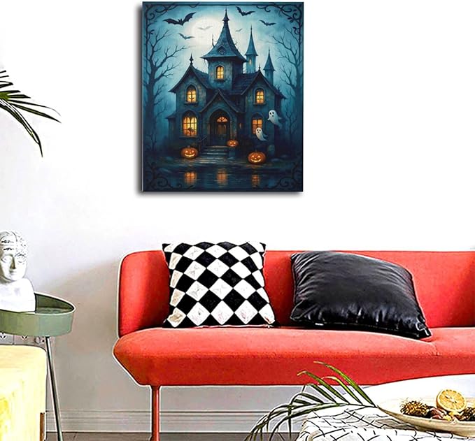 Halloween Gothic Wall Art Castle Pumpkin Ghost Bat Canvas Wall Decor Dark Academia Pictures Painting Print Framed Artwork Decorations Gifts for Halloween Living Room Bedroom Office 20"x24"