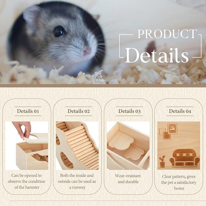 2 Pcs Hamster Houses and Hideouts Hamster Tunnel Set Wood House for Hamster with Climbing Ladder Exploring Tunnel Multi Chamber Maze for Small Animals Pets Gerbils Hedgehogs Rats Mice