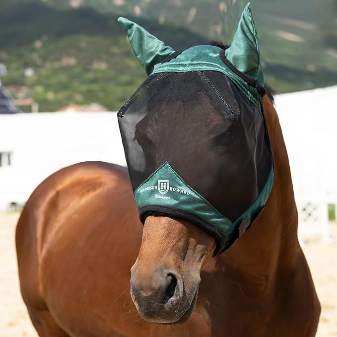Harrison Howard Pro Luminous Horse Half Face Fly Mask Large Eye Space with Ears UV Protection for Horse Hunter Green L