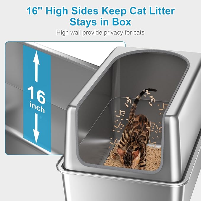16'' High Sides XXXL All Stainless Steel Cat Litter Box with Lid,8'' Deep Metal Litter Box for Big Cats,Extra Large Litter Boxes with High Wall Enclosure,Anti-Leakage,Never Absorbs Odors,Non-Sticky