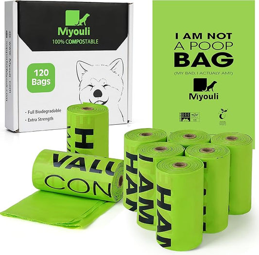 100% Certified Compostable Dog Poop Bag Rolls, 120 Bags (8 Rolls) Eco-Friendly Poop Bags for Dogs, Leak Proof Unscented Easy Open Poop Waste Bag（Green）