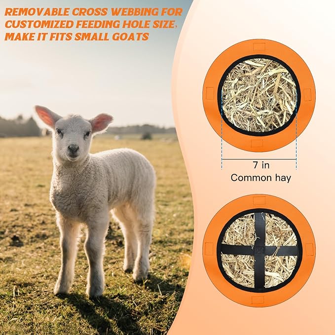 3 PCS Goat Hay Feeder,Hay Bags for Horses,Goats,Donkeys with Reinforced Oxford Fabric and High Strength Metal Clasp,Horse Feeding Supplies with Adjustable Strap for Easy Hanging (2Orange+1Black)