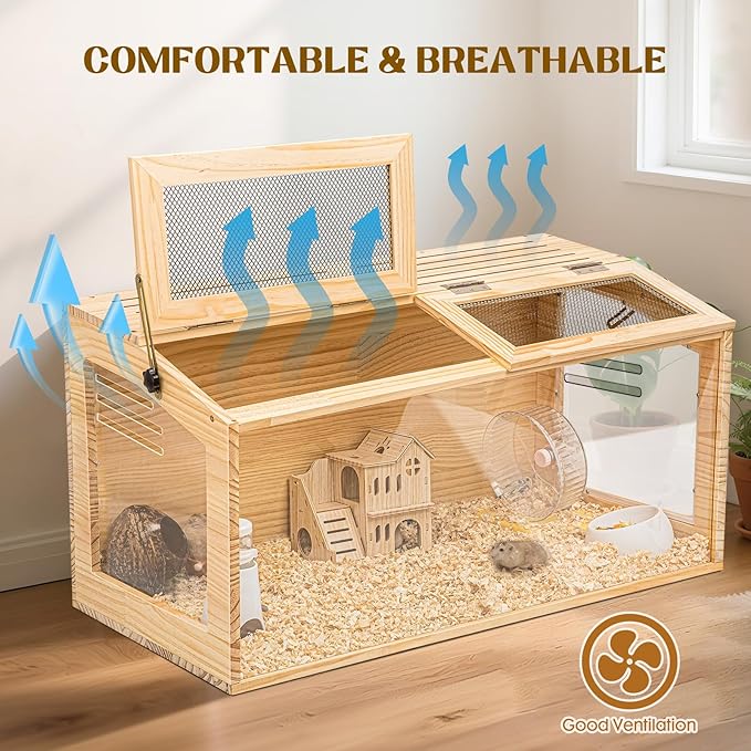 Hamster Cage 32 Inch Wooden Chewproof, 270° View Habitat with Bite-Proof Metal Mesh & Dual Access Doors, Acrylic Sheets & Solid Build for Dwarf Syrian Hamsters/Gerbils/Guinea Pigs/Chinchillas