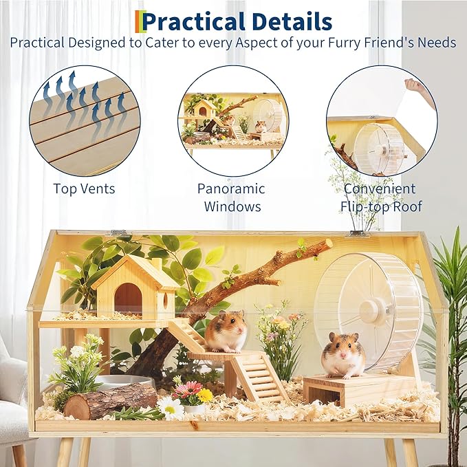 Hamster Cage with Legs, 32" L x 16" W x 40" H Large Hamster Habitats Enclosure with Acrylic Window & Openable Top,Small Animal Cage Chew Proof for Guinea Pig, Chinchilla, Gerbil