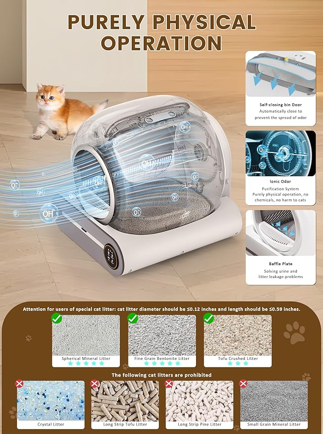 (2025) Self Cleaning Litter Box, Upgraded Robot Automatic Litter Box for Multiple Cats, 65L+9L Extra Large, Features Negative ion Sterilization and Deodorization, APP Control, 3 Rolls Litter Liners