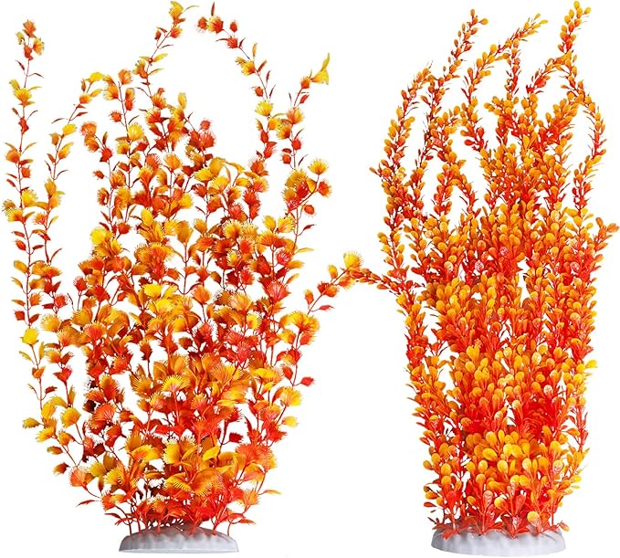 Hamiledyi Aquarium Plastic Plants Aquarium Decor Artificial Fish Tank Plants,Tall Fish Tank Decorations, Extra Large Aquarium Plant 23.6-inch Tall,2PCS（Orange Style B）