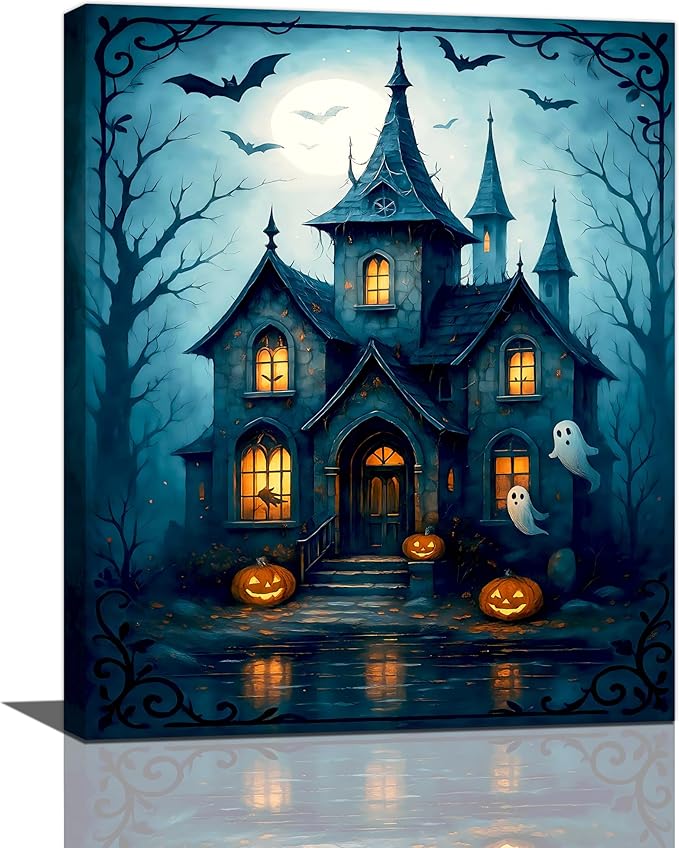 Halloween Gothic Wall Art Castle Pumpkin Ghost Bat Canvas Wall Decor Dark Academia Pictures Painting Print Framed Artwork Decorations Gifts for Halloween Living Room Bedroom Office 16"x20"