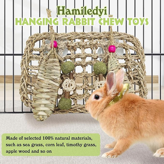 Hamiledyi Rabbit Seagrass Mat Hanging Bunny Chew Toys for Teeth Rabbit Enrichment Activity Mat Small Animal Toys for Guinea Pigs Chinchillas Gerbils Birds