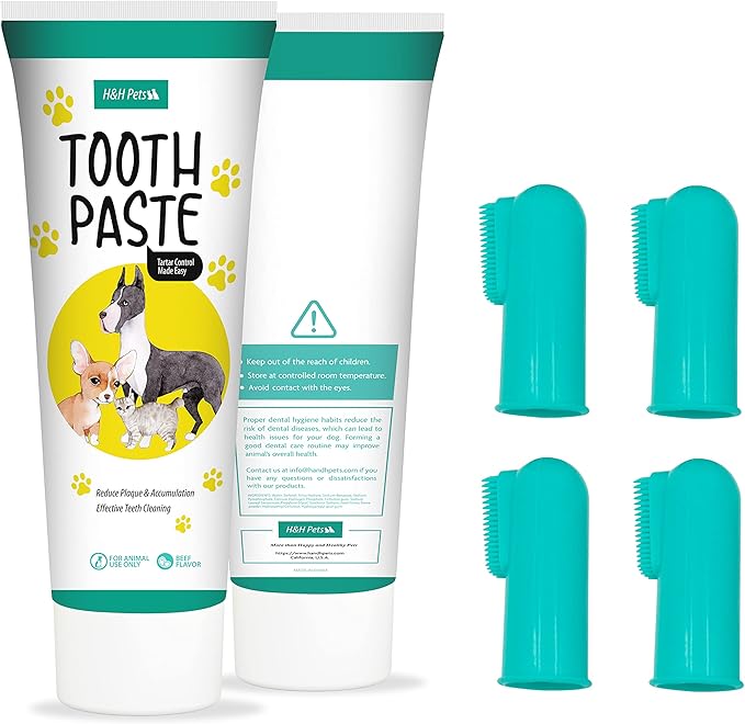 H&H Pets Dog Toothbrushes and Toothpaste Best Professional Cats & Dogs Finger Dental Brush, Dog Brush Set, Perfect for Dogs and Cats, Dog Supplies - Size Small 4 Count 3.5 Oz Toothpaste (100g)
