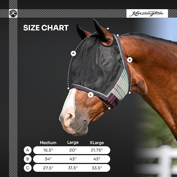 Kensington 90% UV Fly Mask Halter CatchMask UViator - Without Ears & Forelock Freedom Web Trim *Roomy Fit*- Large, Kentucky Blue