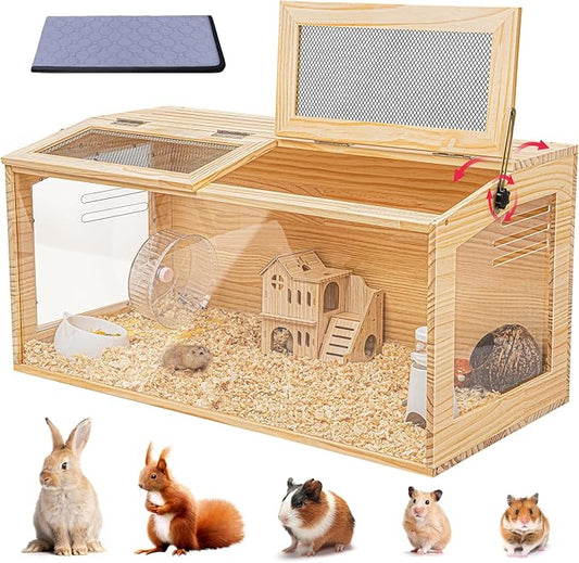 Hamster Cage 40 Inch Wooden Chewproof, 270° View Habitat with Bite-Proof Metal Mesh & Dual Access Doors, Acrylic Sheets & Solid Build for Dwarf Syrian Hamsters/Gerbils/Guinea Pigs/Chinchillas